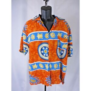 Fun-Wear Hawaiian Shirt Bold Orange Blue Sea Turtles Rayon Size XL